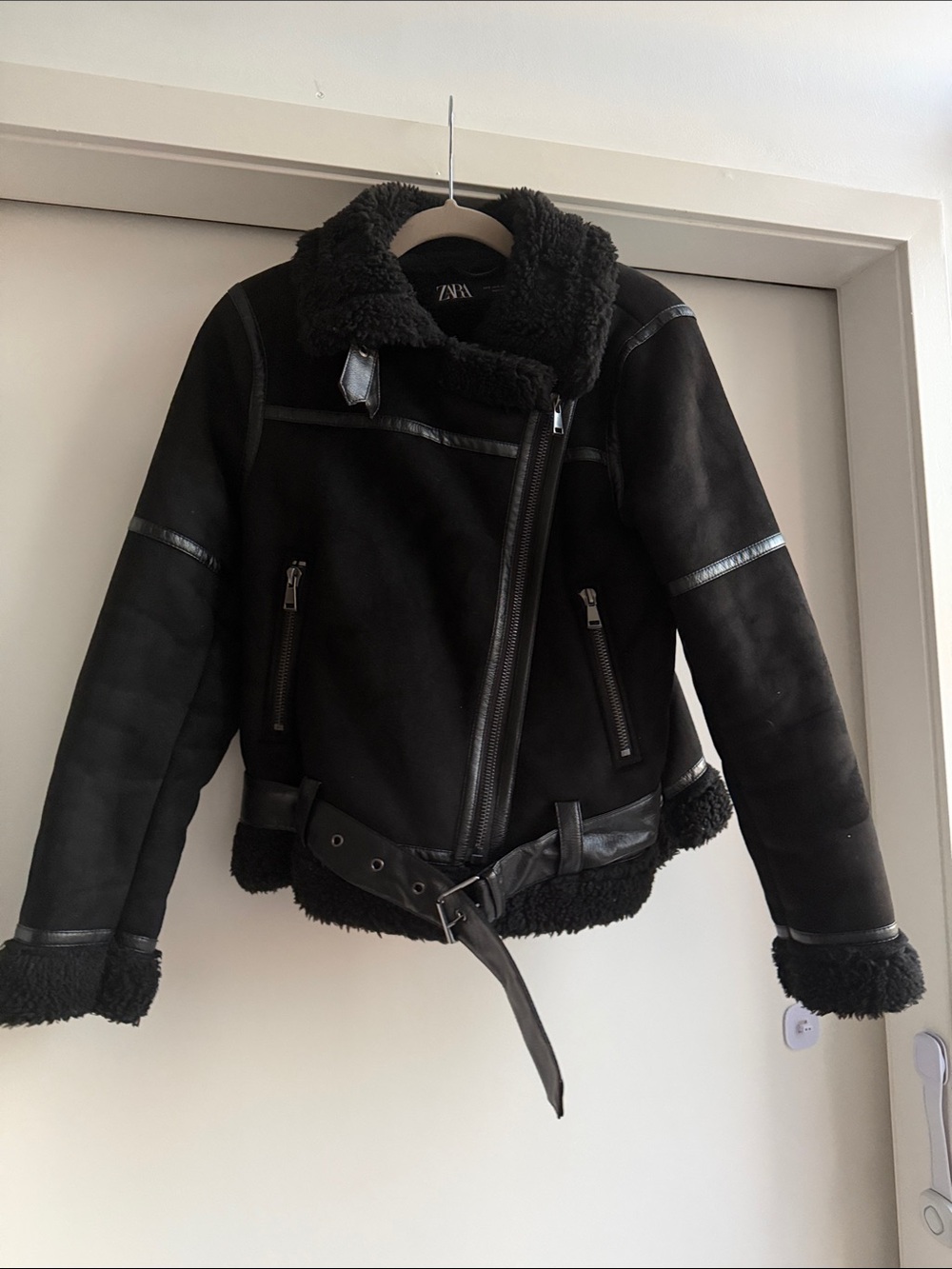 Zara Black Shearling-Trim Biker Jacket